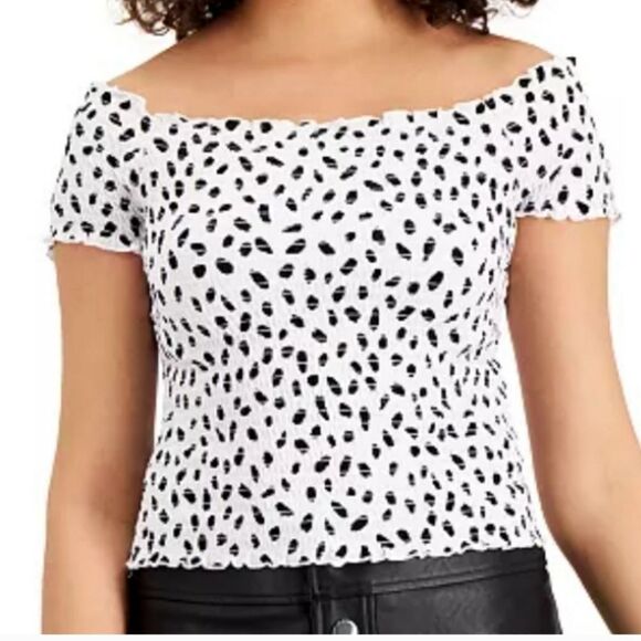 BAR III Women's Black & White Animal Printed Off-The-shoulder Smocked Fitted Top - Picture 2 of 10